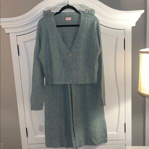 Cable Knit Legging Set-  Cozy Blue Knit Cardigan and Wide Leg Set